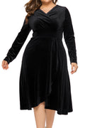 Women Plus Mid Length Smooth Long Sleeve Solid Colored Alluring Autumn Dress