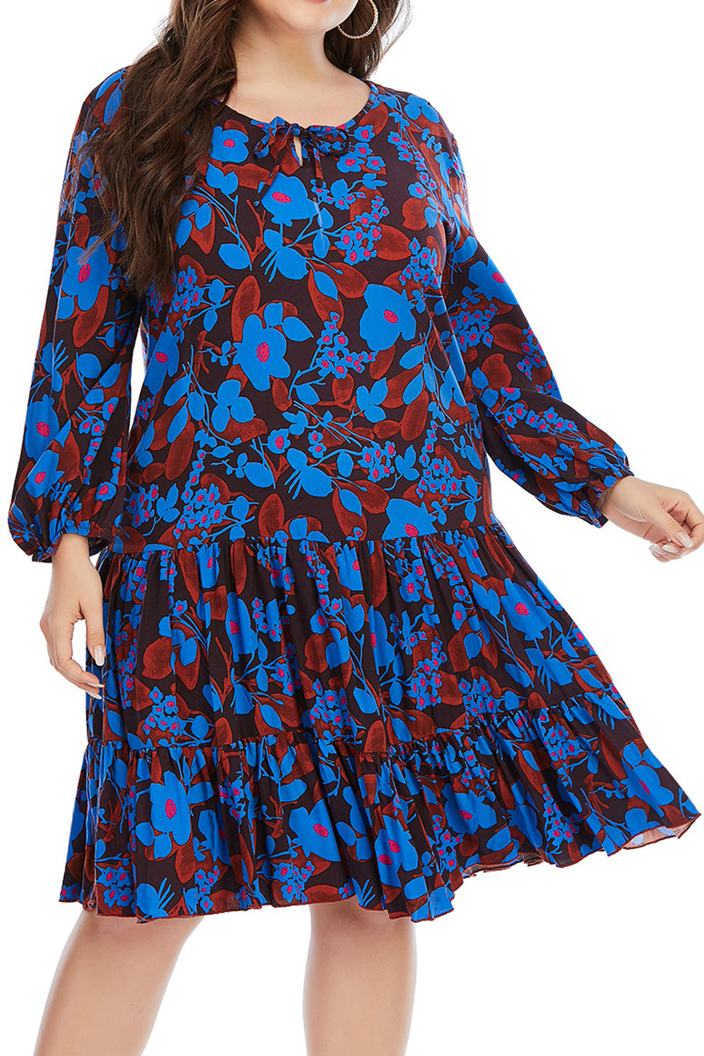 Women Plus Pretty Flower Pattern Knee Length Breathable Long Sleeve Loose Dress