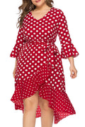Women Plus Tremendous Ruffled Irregular Hem V-Neck Polka Dotted Cute Dress