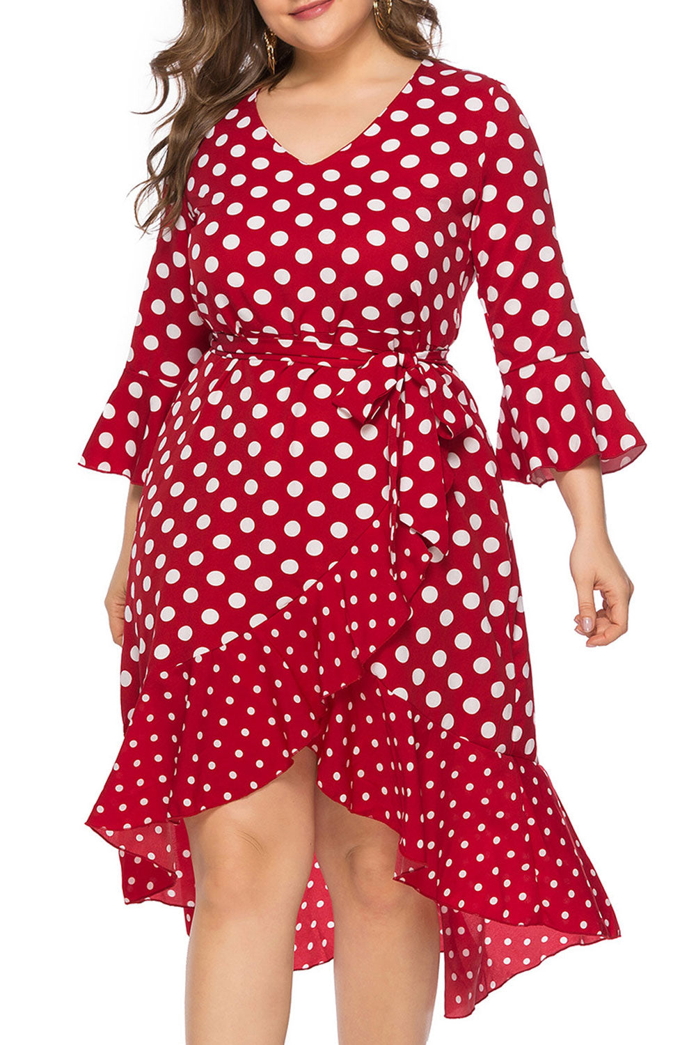 Women Plus Tremendous Ruffled Irregular Hem V-Neck Polka Dotted Cute Dress