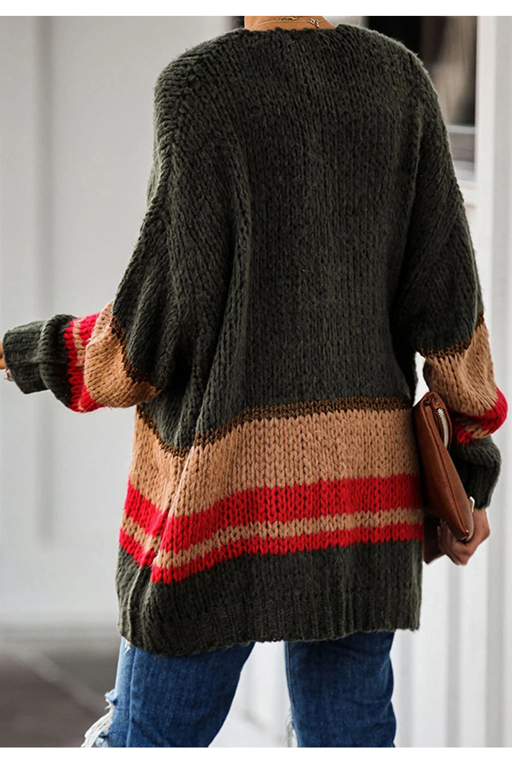 Women Mid Length Warm Ribbed Cuff Long Sleeve Breathable Cardigan