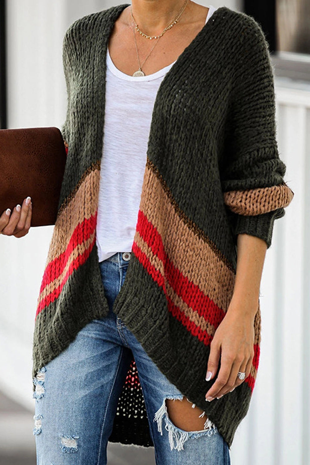 Women Mid Length Warm Ribbed Cuff Long Sleeve Breathable Cardigan