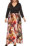 Women Plus Wonderful V-Neck Splendid Printed Skirt Long Sleeve Thin Breathable Dress