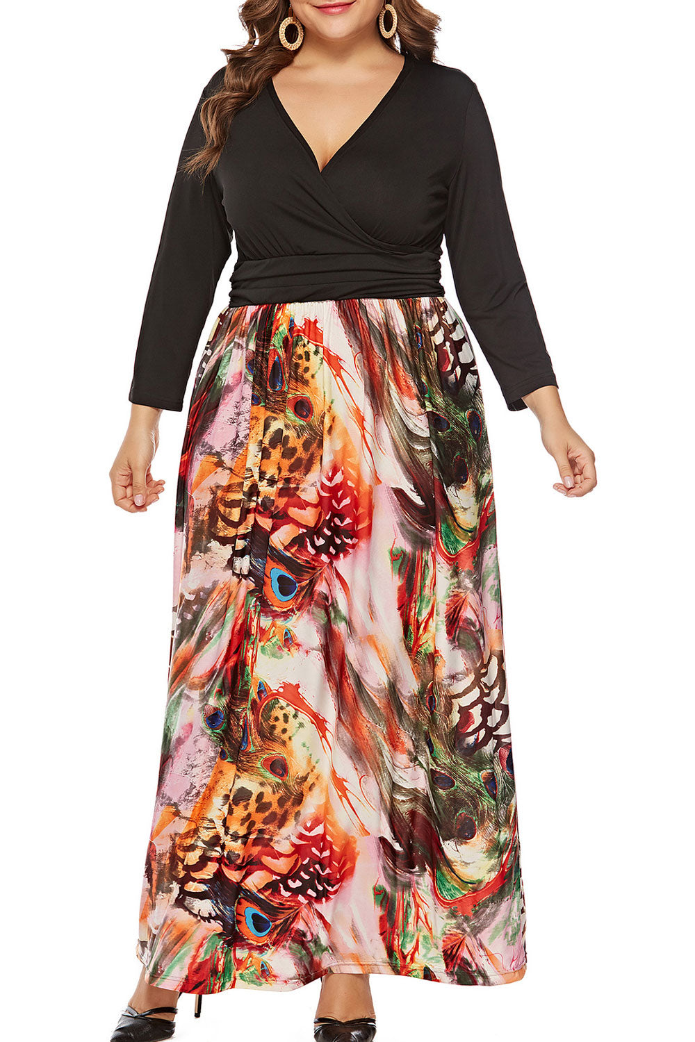 Women Plus Wonderful V-Neck Splendid Printed Skirt Long Sleeve Thin Breathable Dress