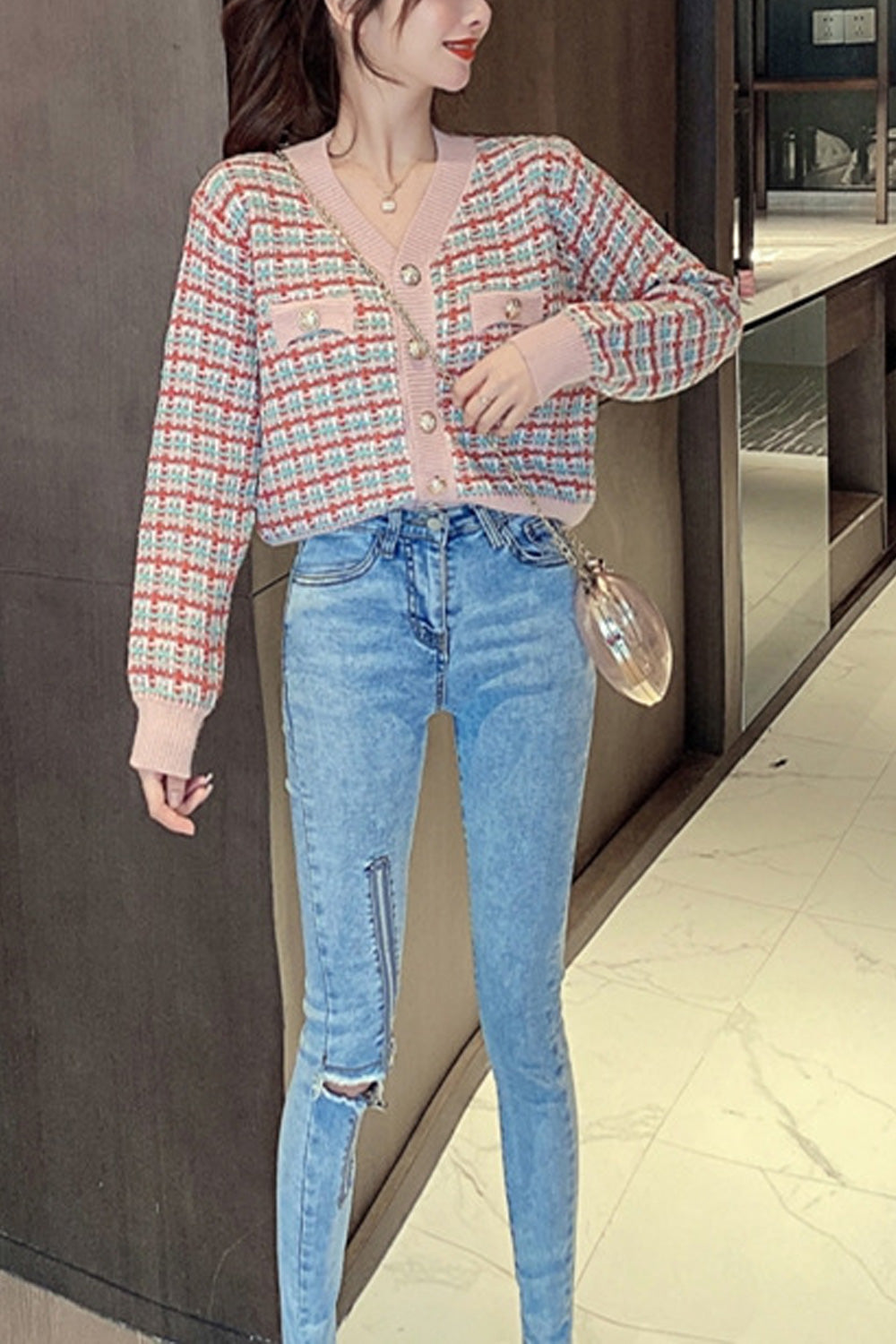 Women Stretchable Long Sleeve Elegant V-Neck Warm Cardigan