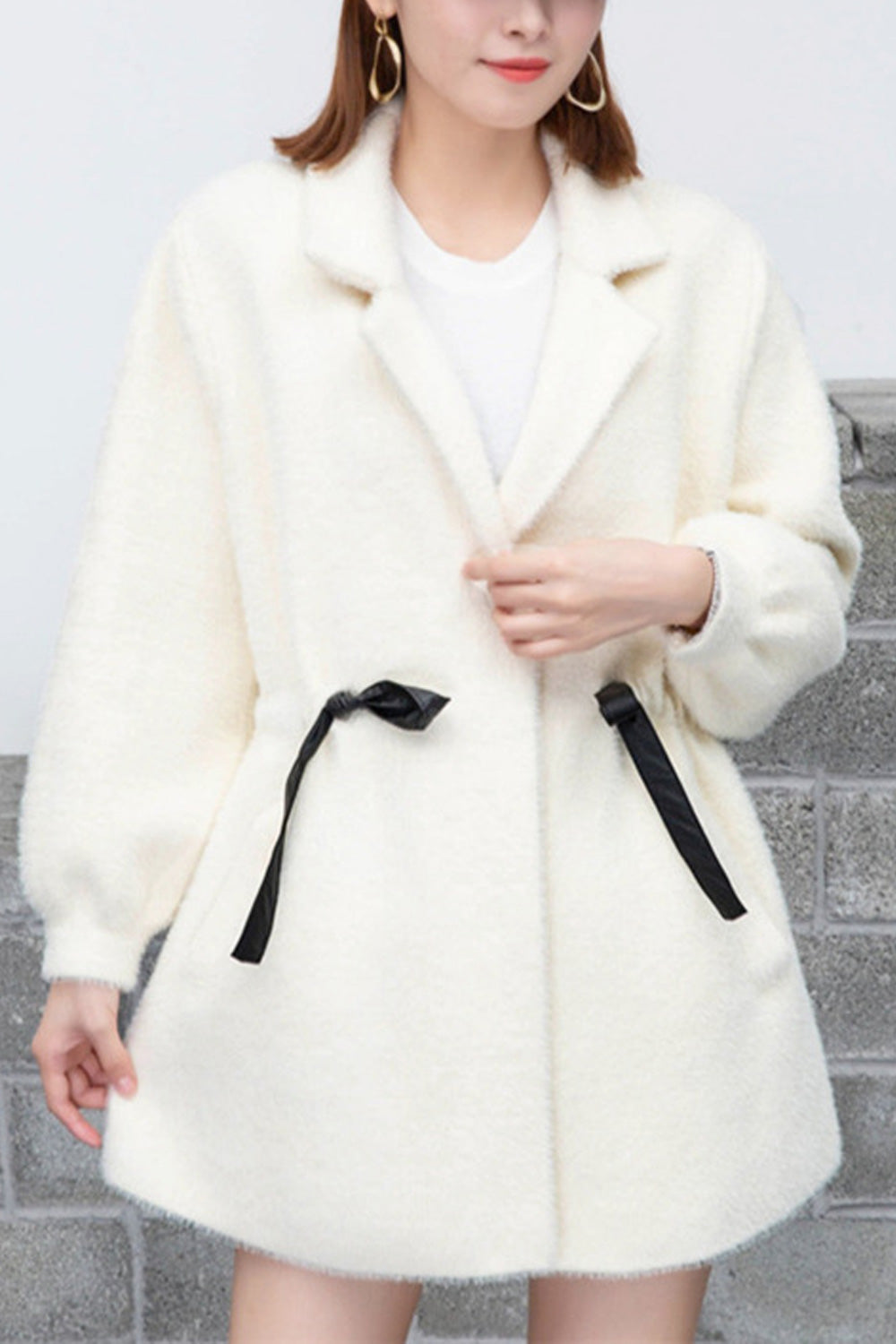 Women Solid Colored Collar Neck Long Sleeve Warm Tie Waist Cardigan