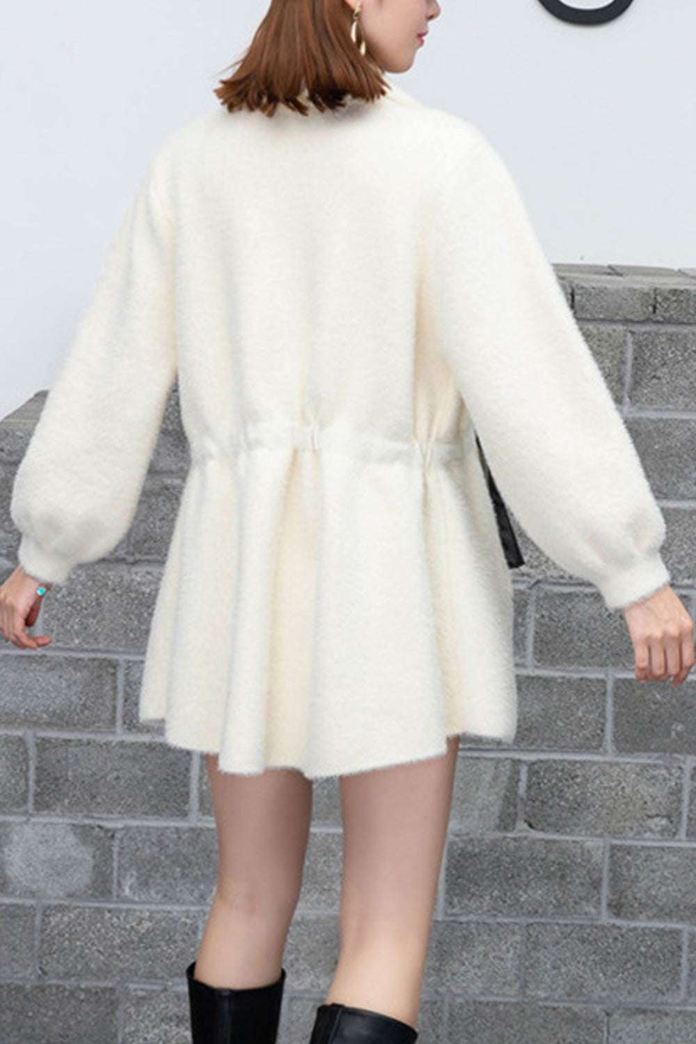 Women Solid Colored Collar Neck Long Sleeve Warm Tie Waist Cardigan
