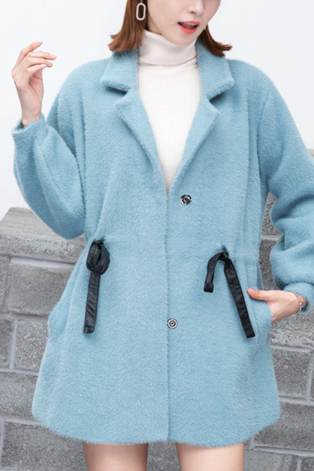 Women Solid Colored Collar Neck Long Sleeve Warm Tie Waist Cardigan