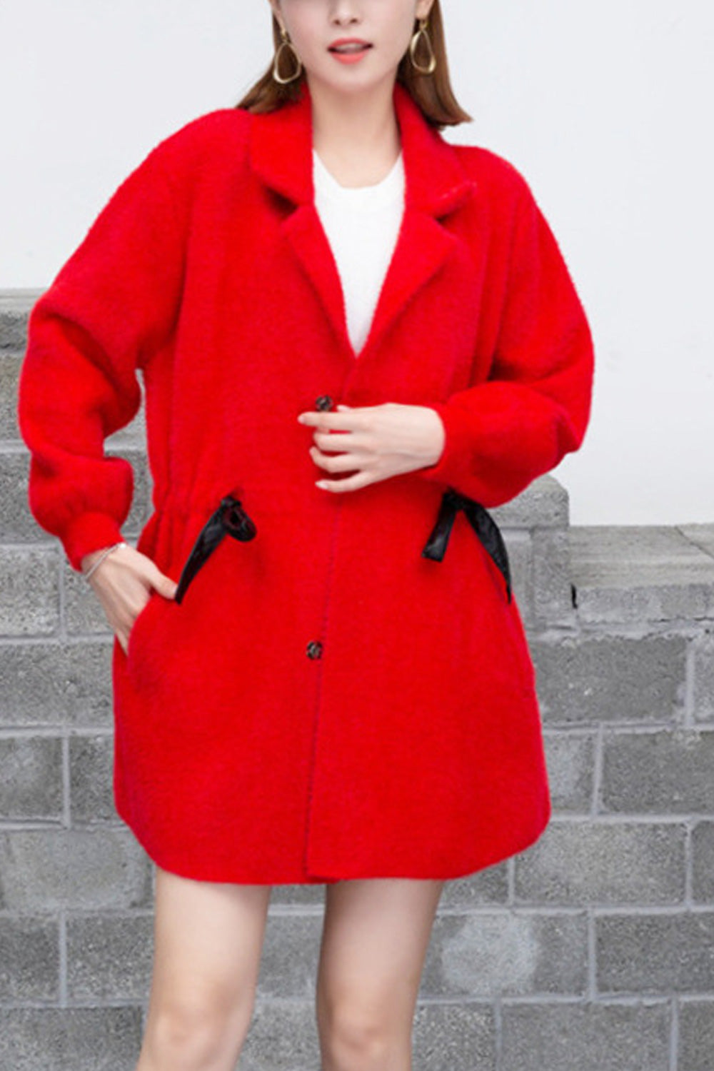 Women Solid Colored Collar Neck Long Sleeve Warm Tie Waist Cardigan