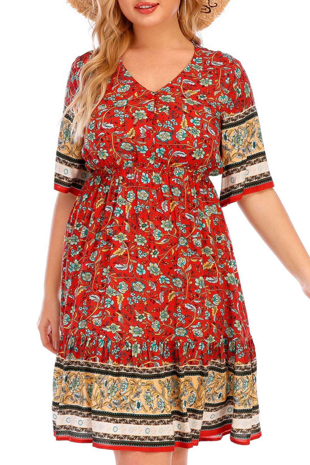Women Plus Knee Length Comfortable Short Sleeve Printed Style Lovely Summer Dress