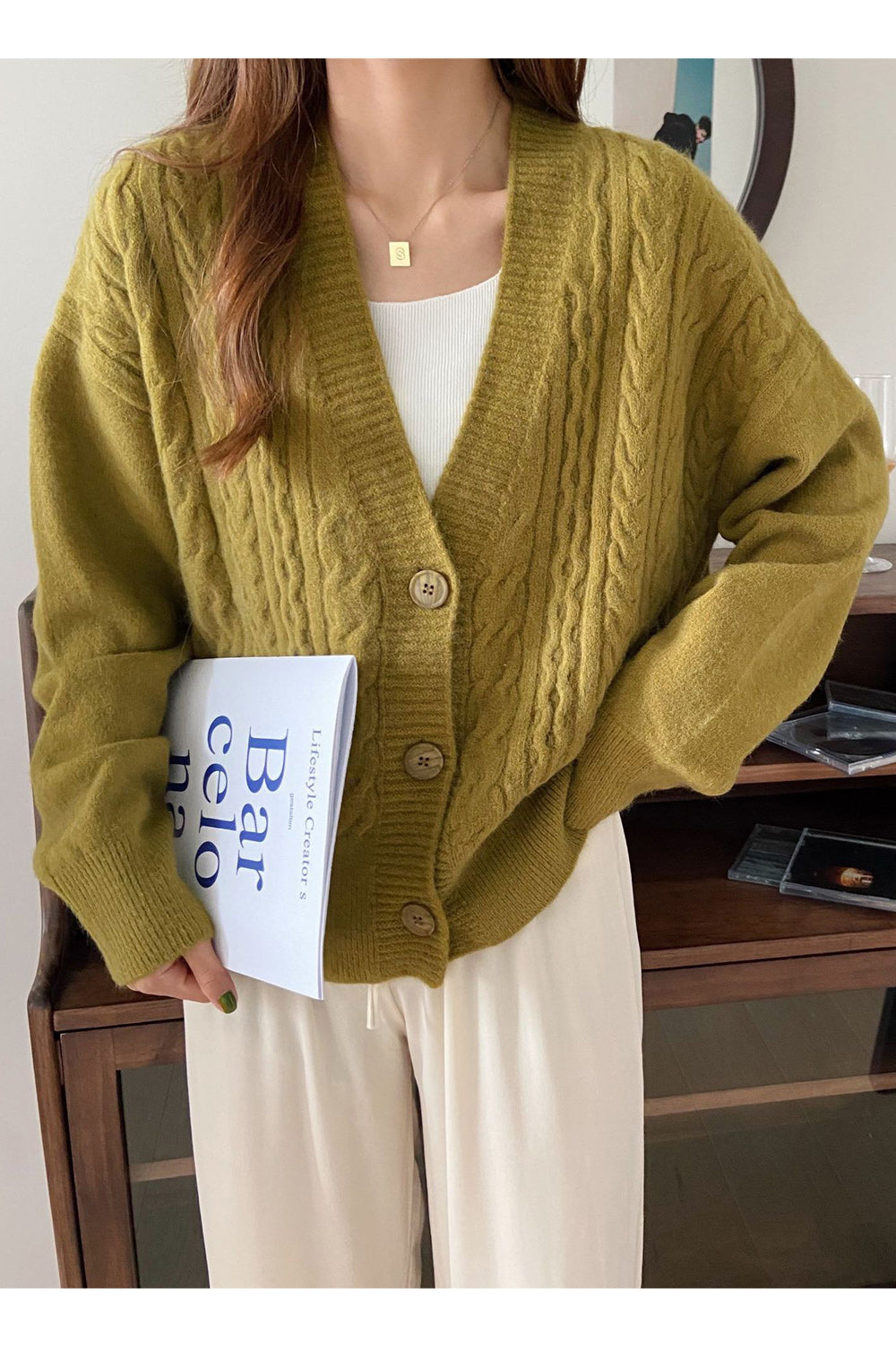 Women Solid Pattern Cozy Knitted Button Down Thick Cardigan