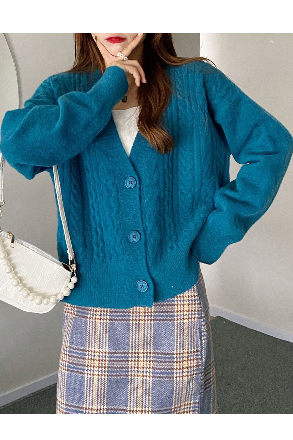 Women Solid Pattern Cozy Knitted Button Down Thick Cardigan