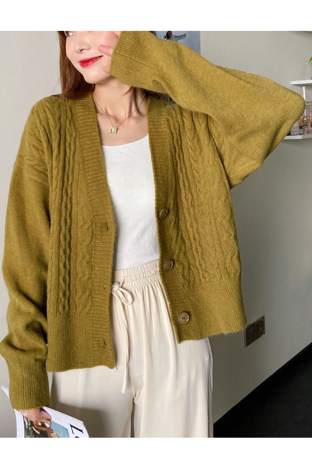 Women Solid Pattern Cozy Knitted Button Down Thick Cardigan