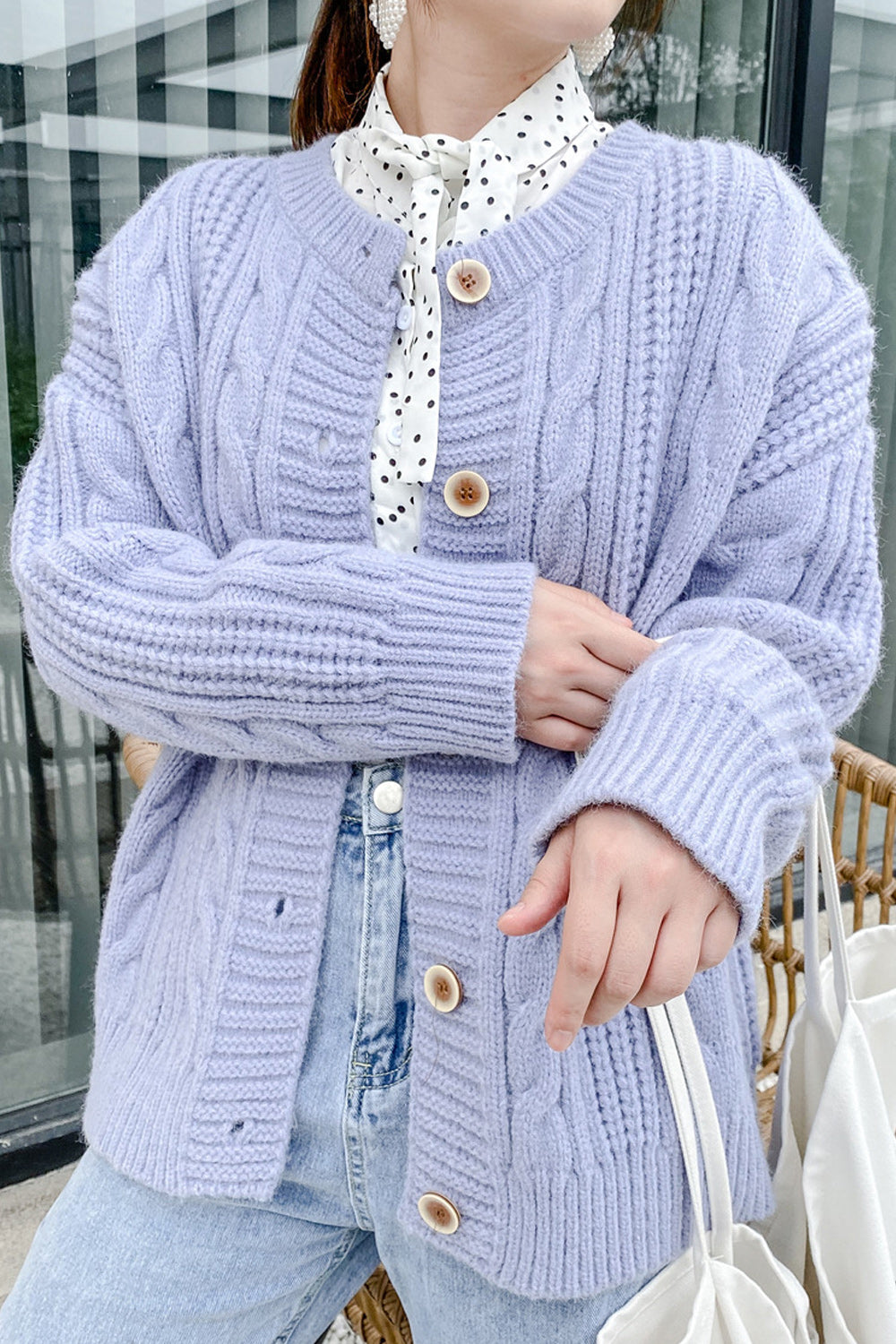 Women Round Neck Knitted Thick Warm Elegant Cardigan
