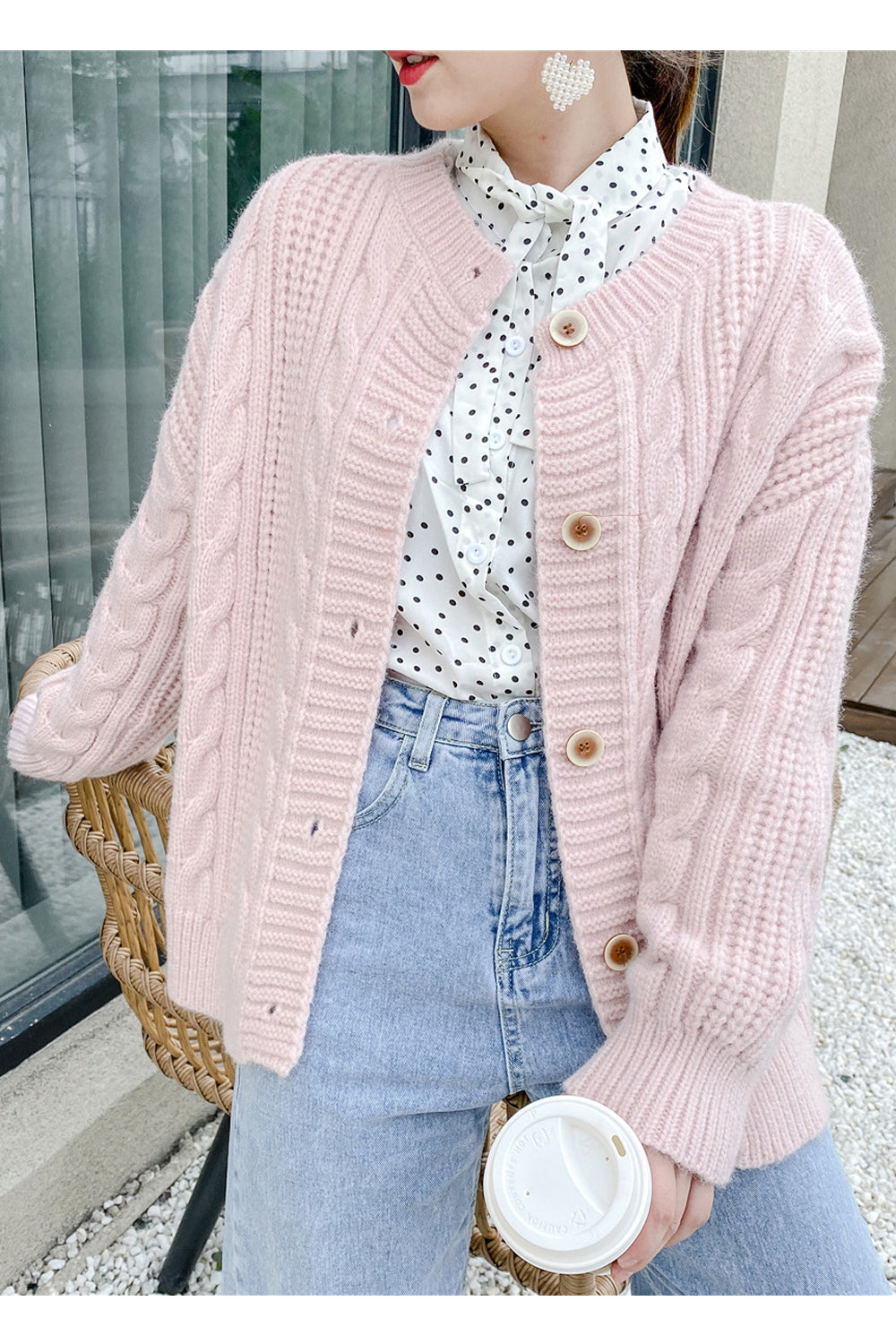 Women Round Neck Knitted Thick Warm Elegant Cardigan