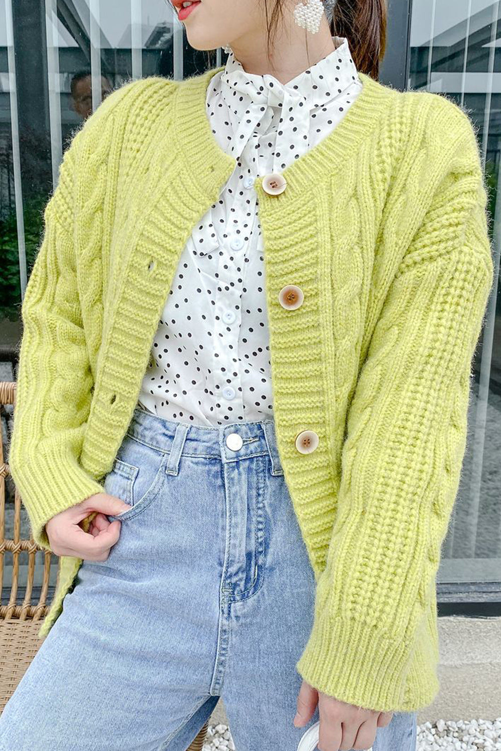 Women Round Neck Knitted Thick Warm Elegant Cardigan