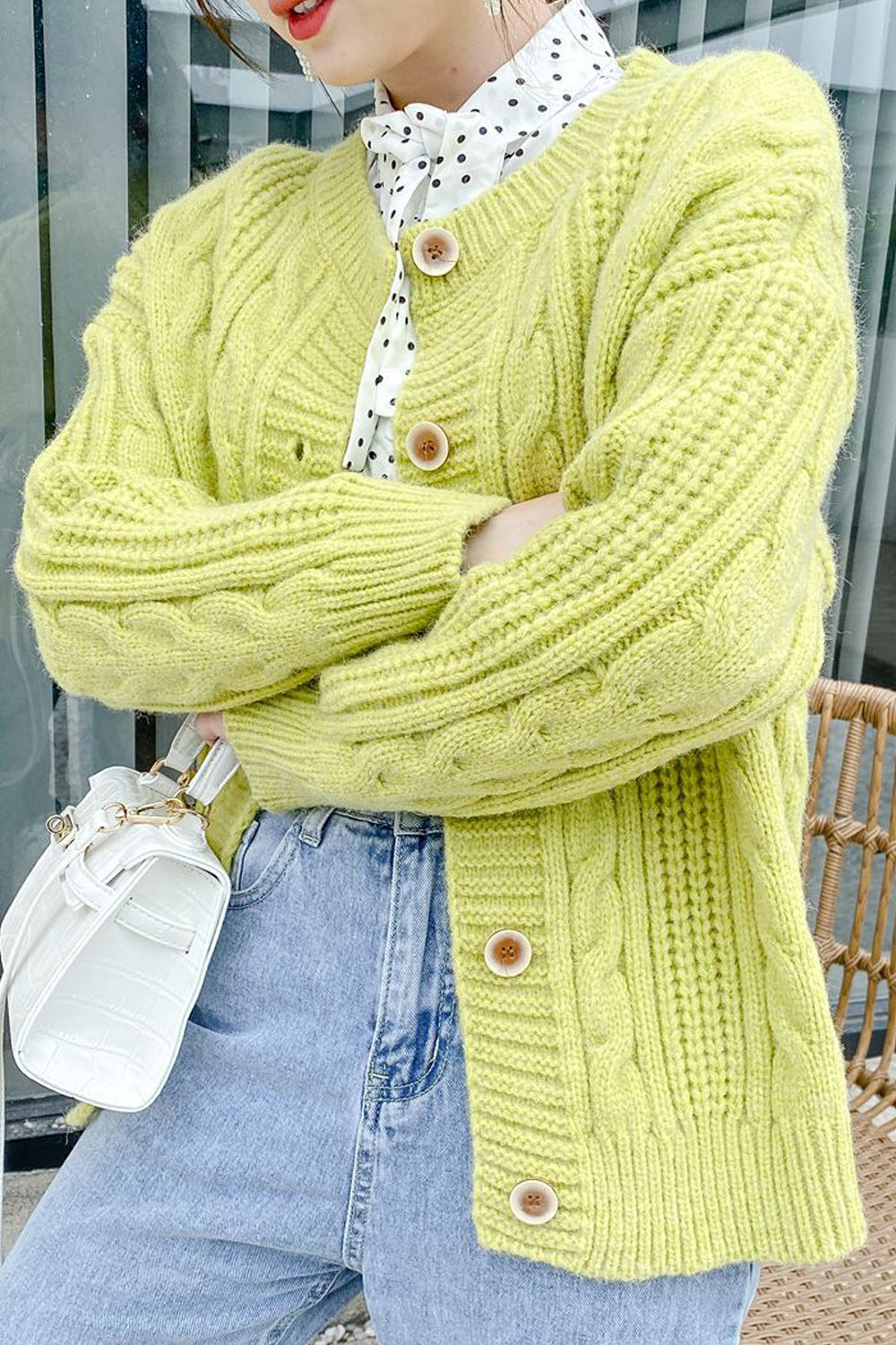 Women Round Neck Knitted Thick Warm Elegant Cardigan
