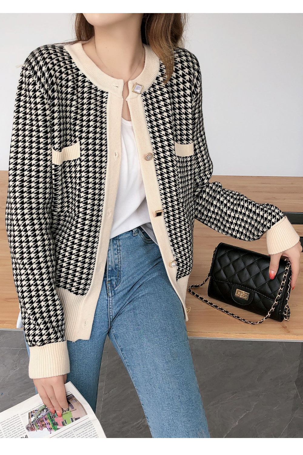 Women Easy Round Neck Plaid Pattern Cardigan