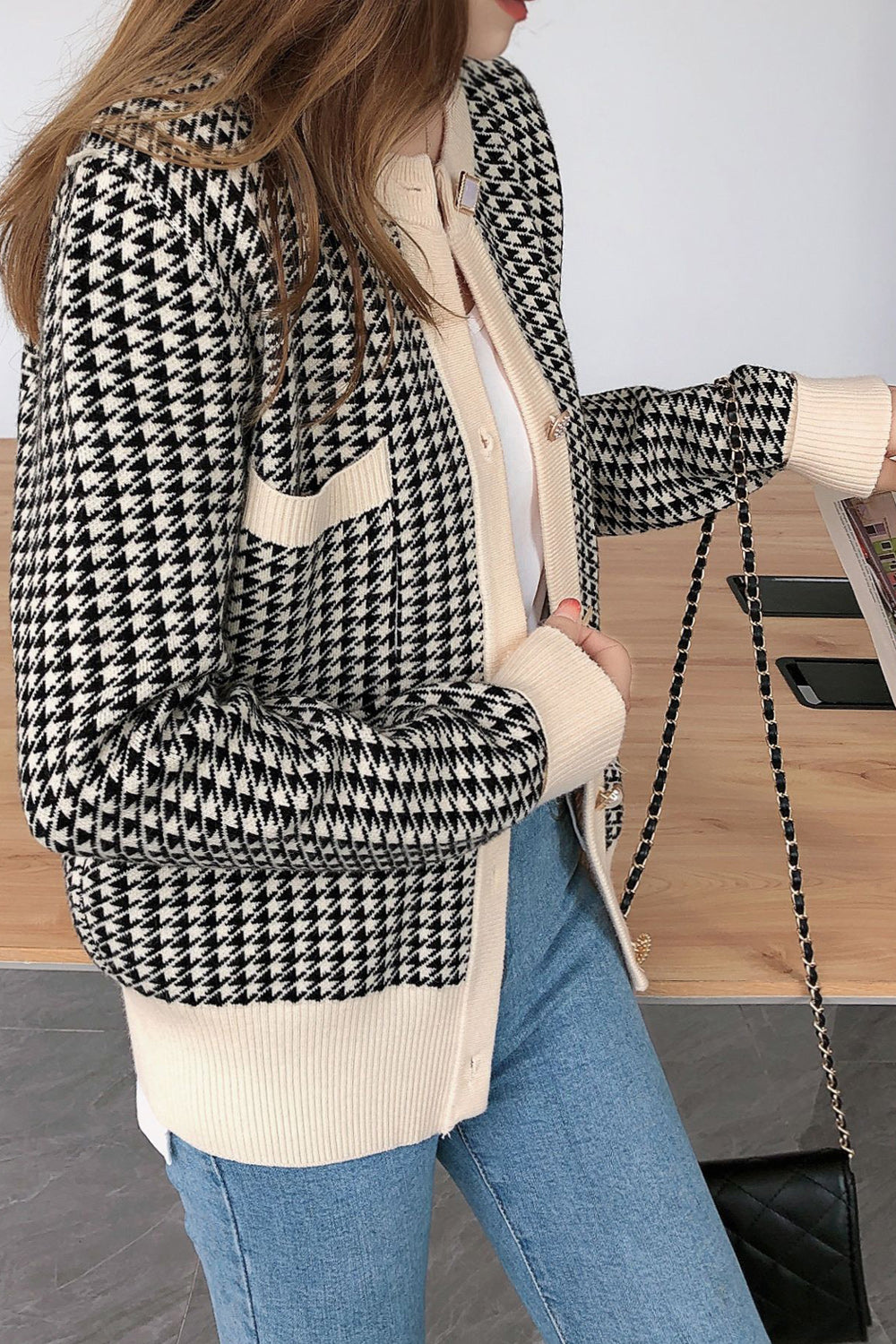 Women Easy Round Neck Plaid Pattern Cardigan