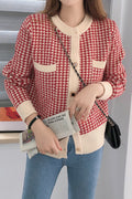 Women Easy Round Neck Plaid Pattern Cardigan