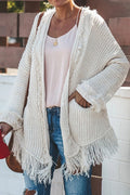 Women Lovely Tassel Hem Warm Long Sleeve Side Pocket Cardigan