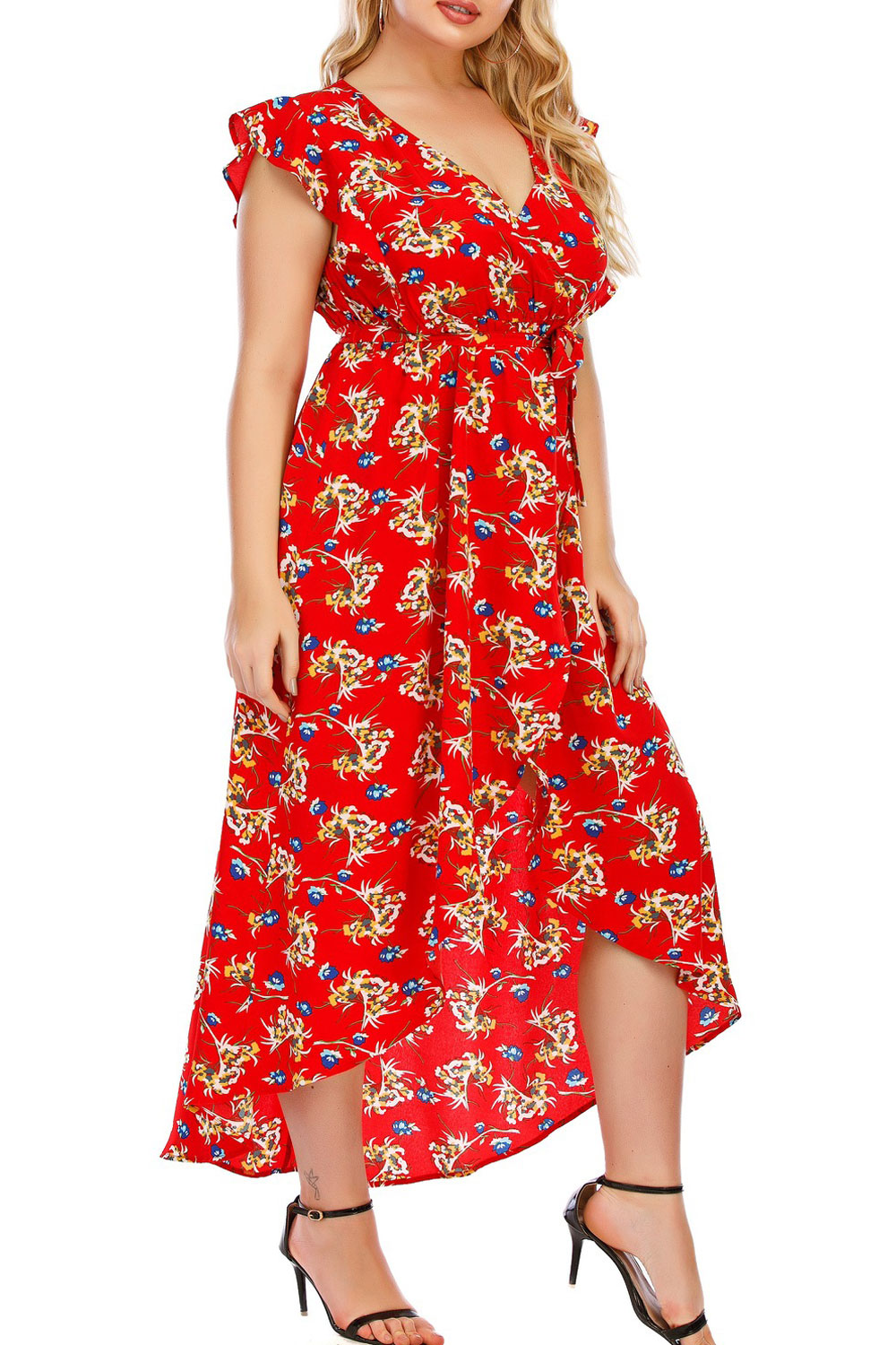 Women Plus Fashionable Printed Pattern Long Irregular Hem V-Neck Soft Dress