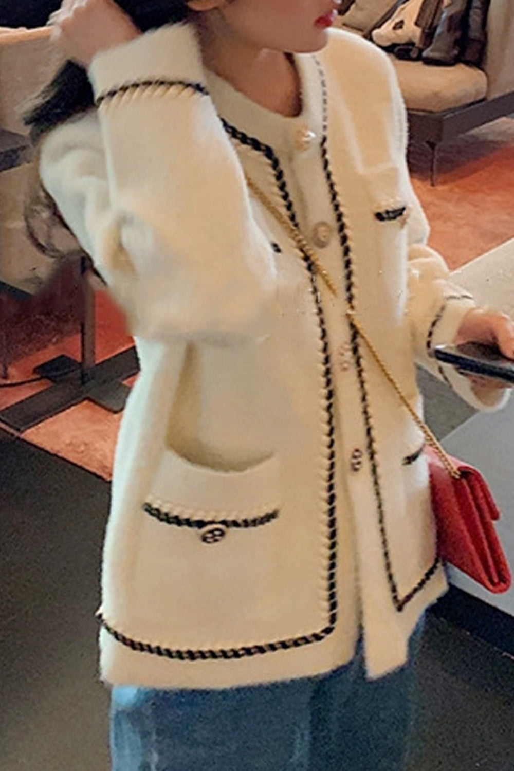 Women Cute Round Neck Pocket Styling Warm Cardigan