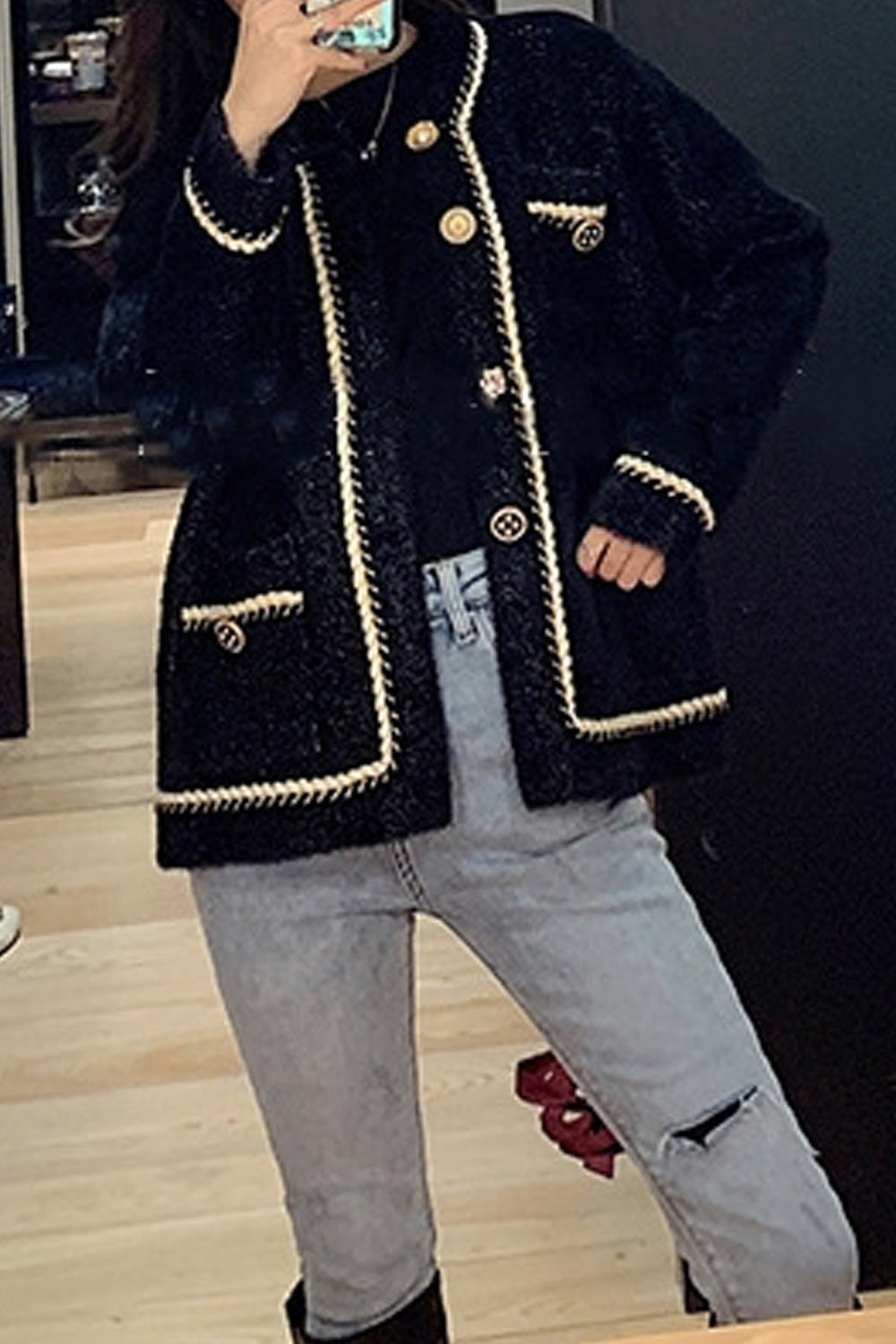 Women Cute Round Neck Pocket Styling Warm Cardigan