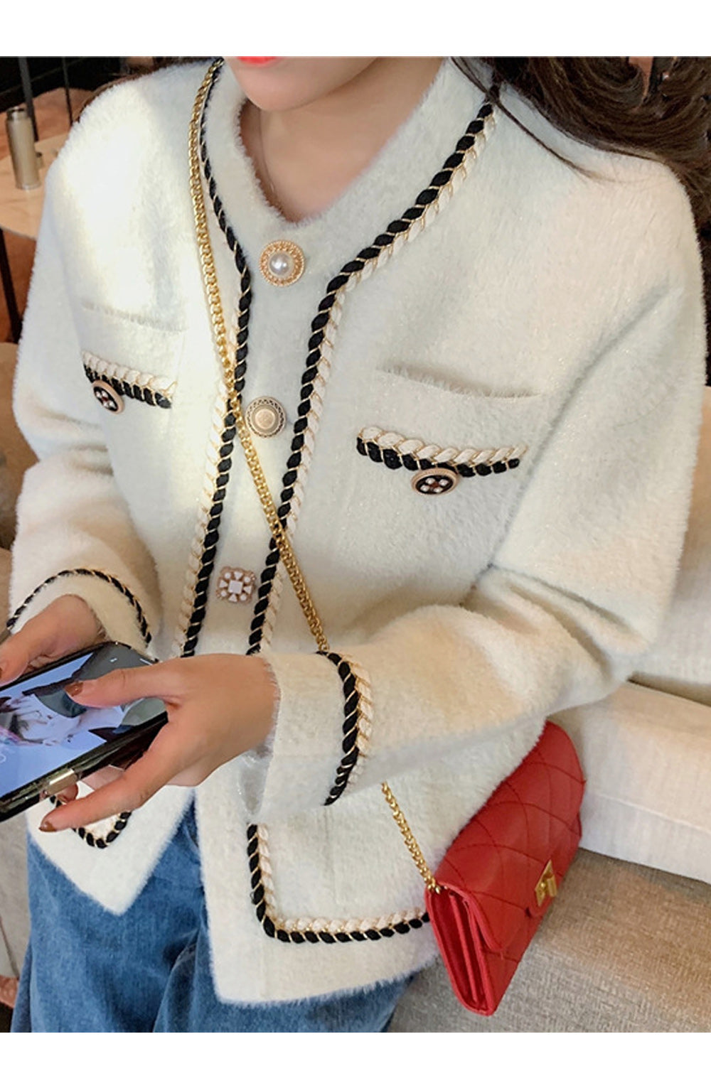 Women Cute Round Neck Pocket Styling Warm Cardigan