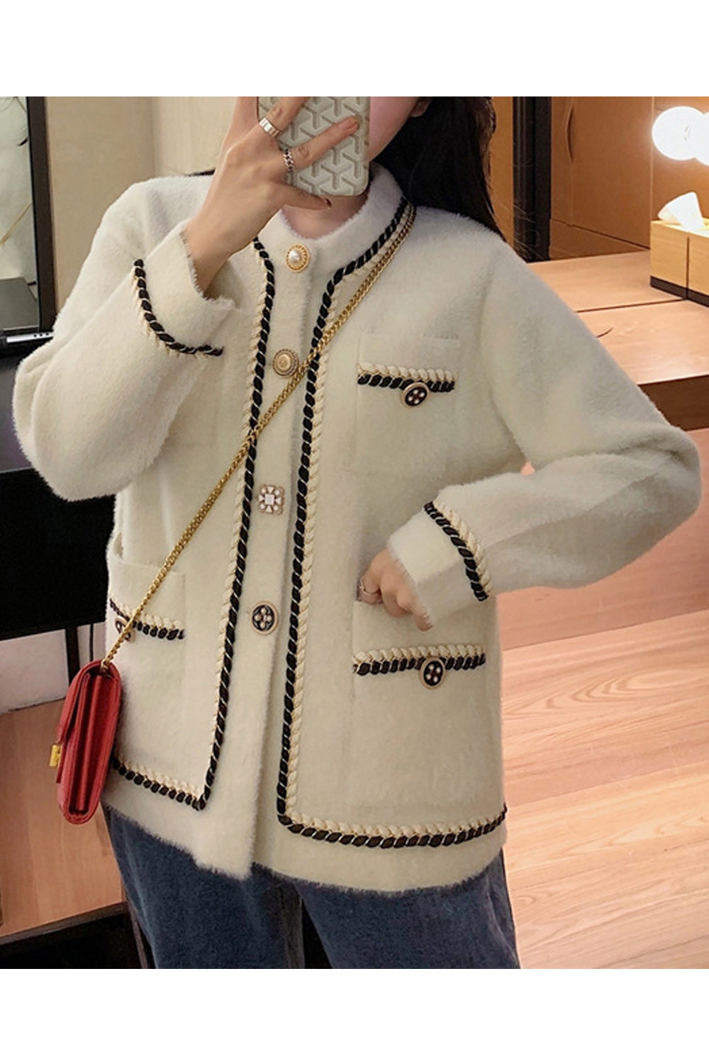 Women Cute Round Neck Pocket Styling Warm Cardigan