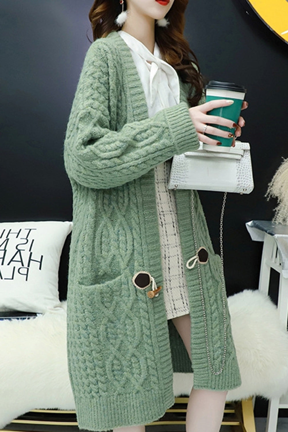 Women Mid Length Solid Colored Thick Long Sleeve Warm Comfy Cardigan