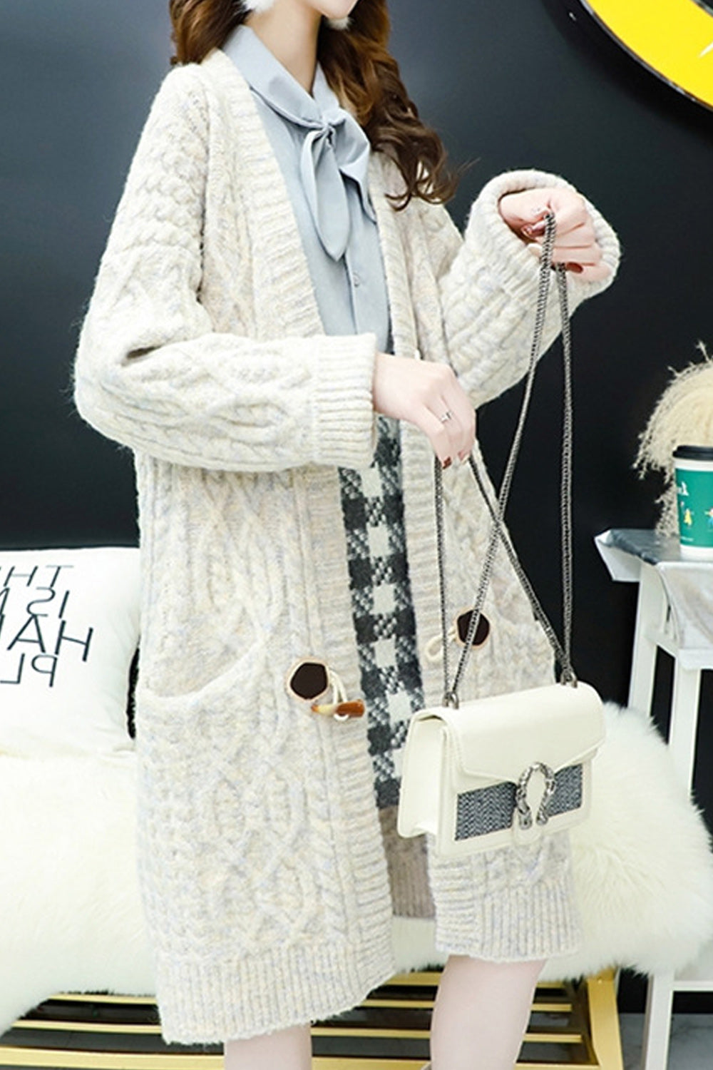 Women Mid Length Solid Colored Thick Long Sleeve Warm Comfy Cardigan
