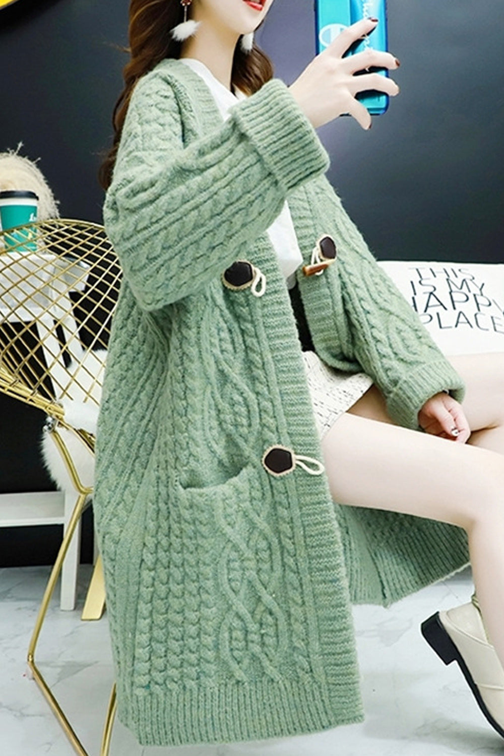 Women Mid Length Solid Colored Thick Long Sleeve Warm Comfy Cardigan