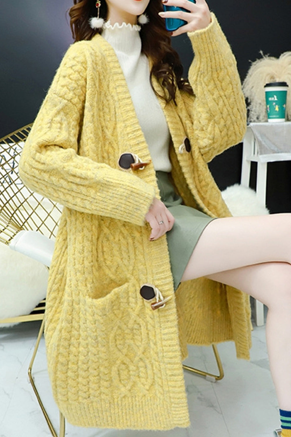 Women Mid Length Solid Colored Thick Long Sleeve Warm Comfy Cardigan