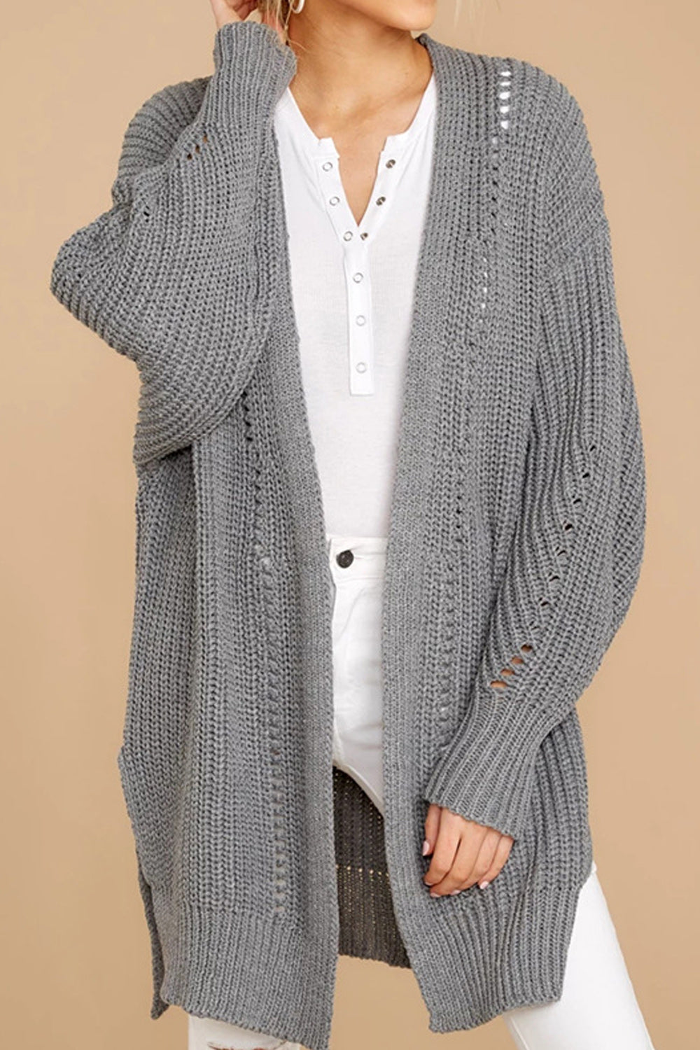 Women Stretchable Loose Long Sleeve Solid Colored Trendy Cardigan