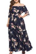 Women Plus Off-Shoulder Tremendous Long Length Floral Pattern Summer Lightweight Dress