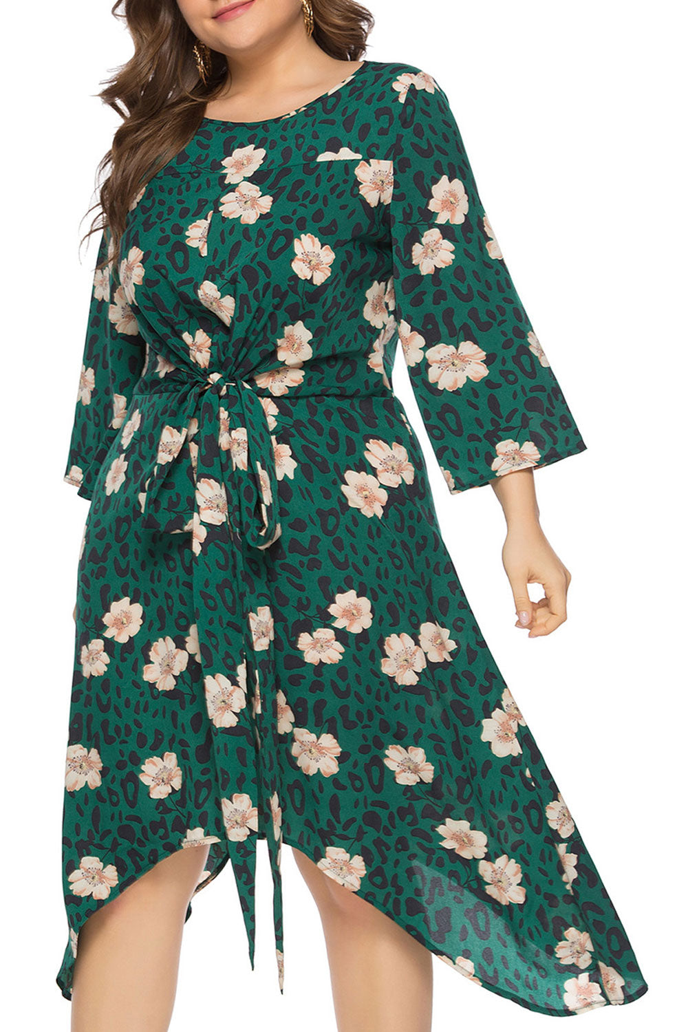 Women Plus Pretty Flower Printed Splendid Long Sleeve Easy Round Neck Fashion Dress