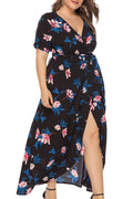 Women Plus Amazing Deep V-Neck Flower Pattern Superb Summer Slit Hem Dress