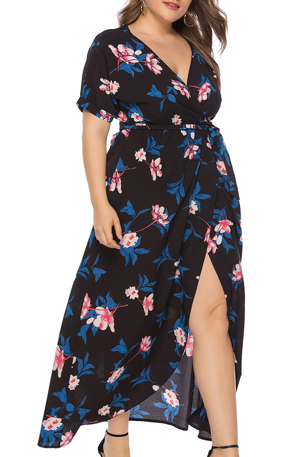 Women Plus Amazing Deep V-Neck Flower Pattern Superb Summer Slit Hem Dress