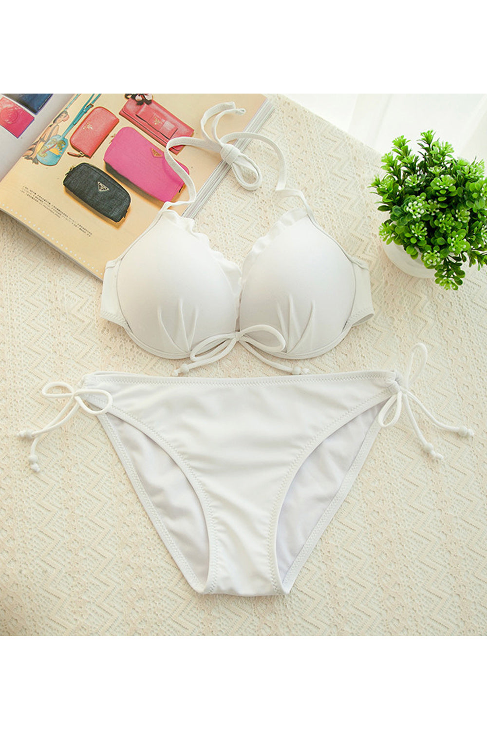 Women Beautiful Solid Colored Two Piece Adjustable Strap Stretchy Swimwear Set
