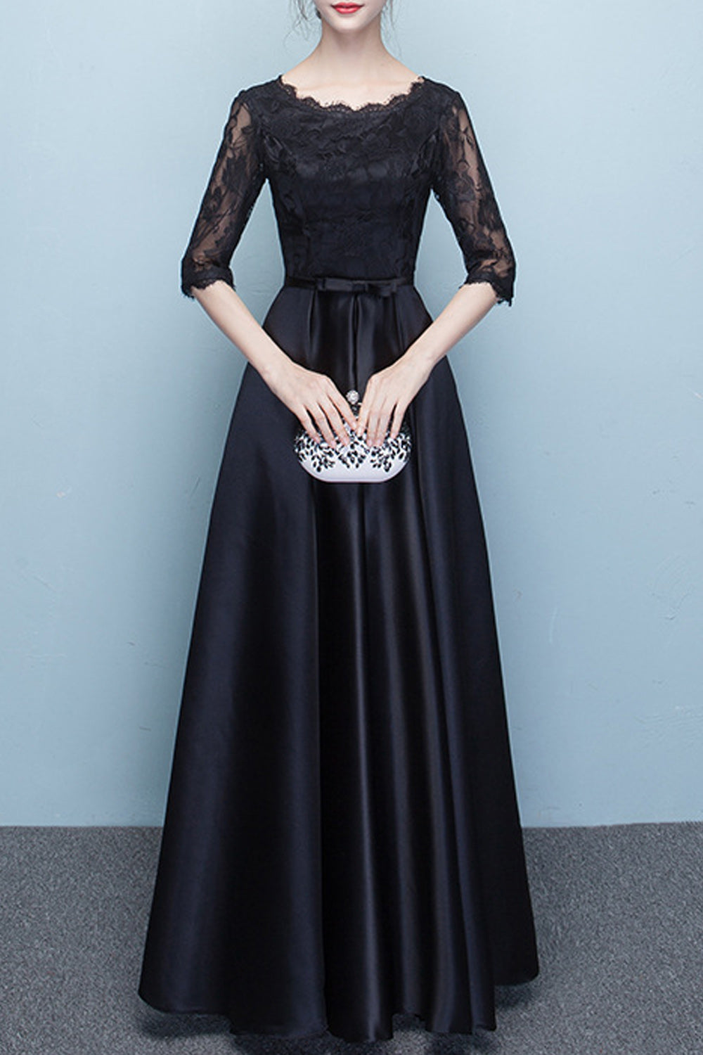 Women Half Sleeve Long Pleated Skirt Solid Colored Evening Party Dress