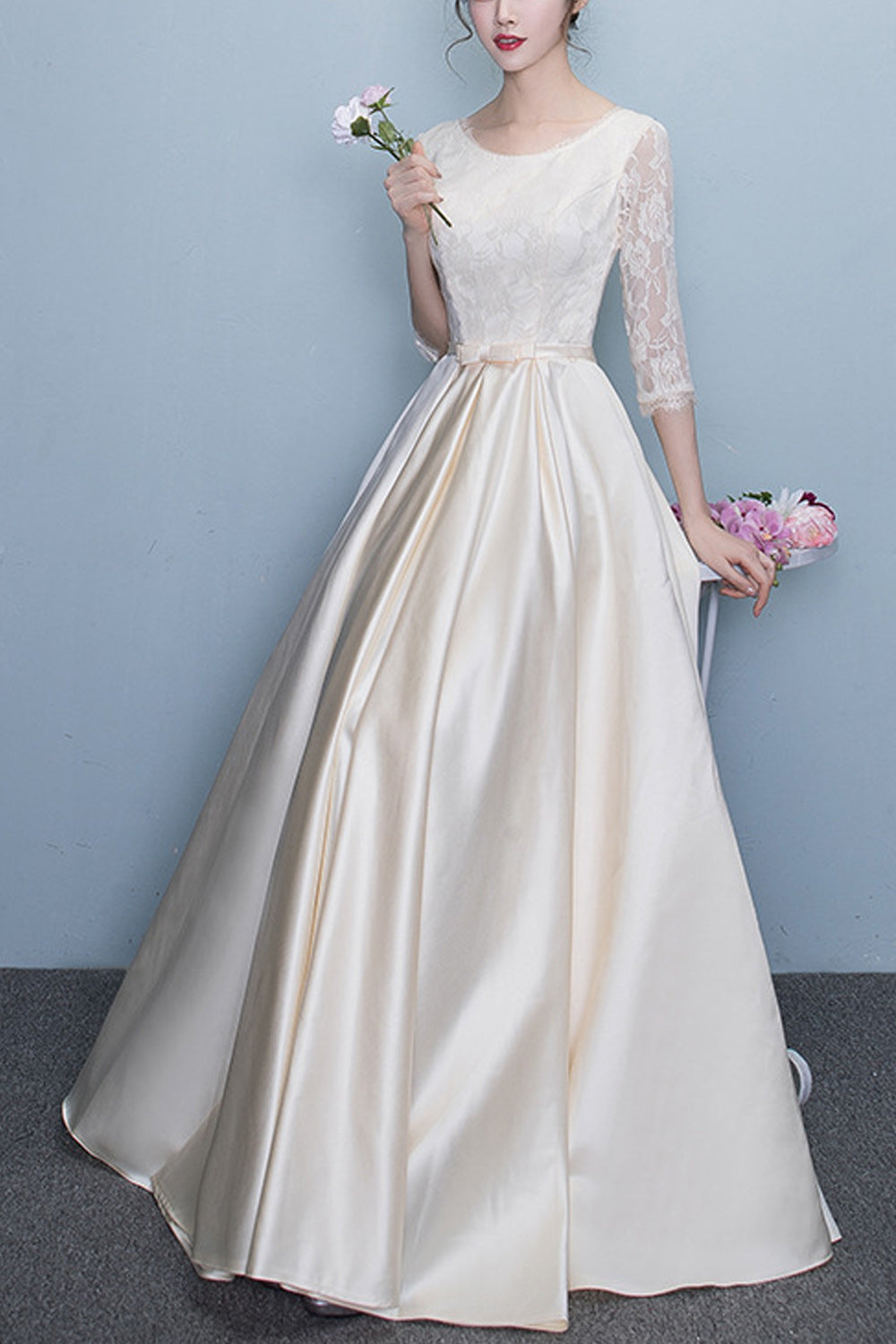 Women Half Sleeve Long Pleated Skirt Solid Colored Evening Party Dress