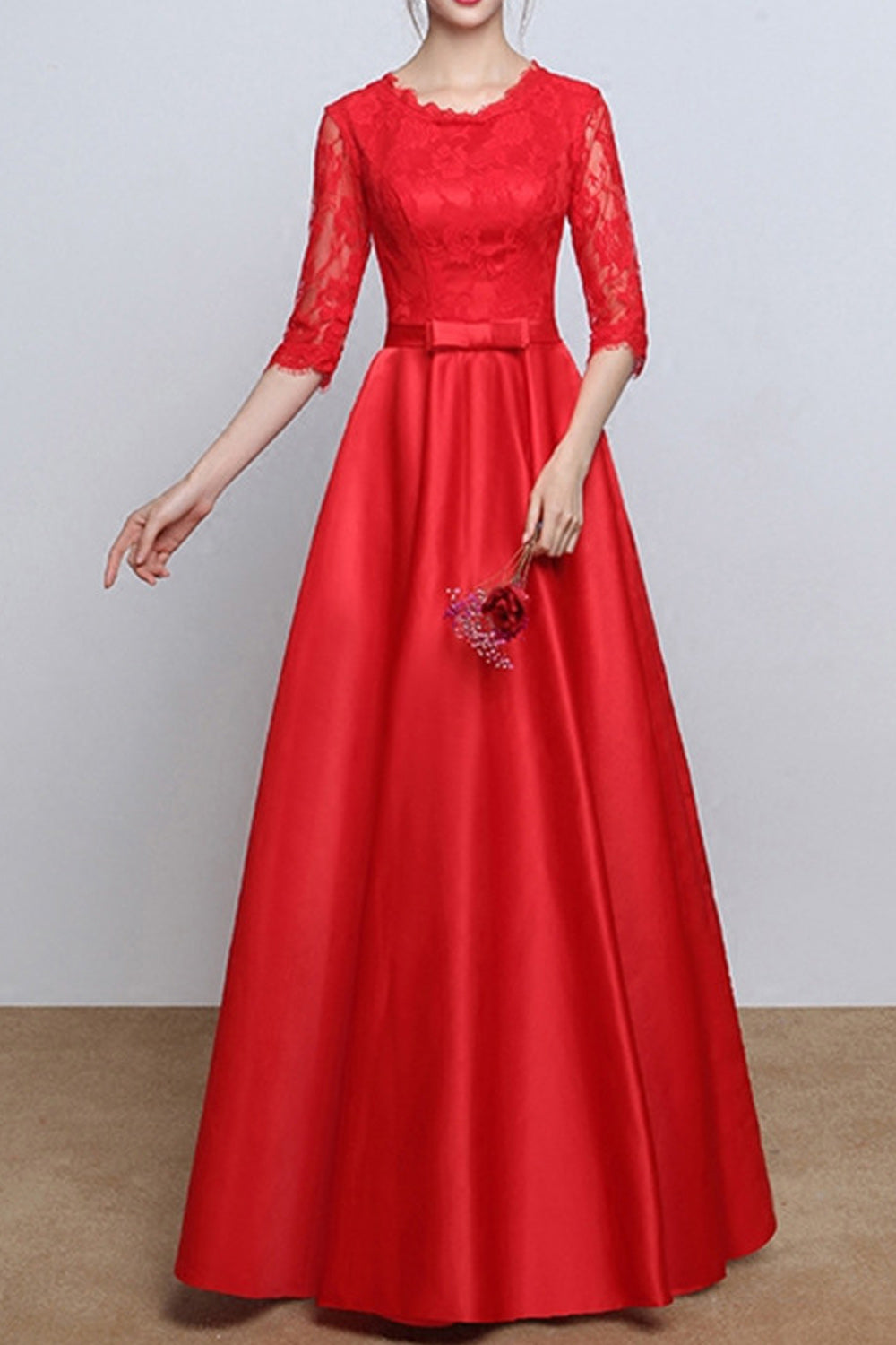 Women Half Sleeve Long Pleated Skirt Solid Colored Evening Party Dress