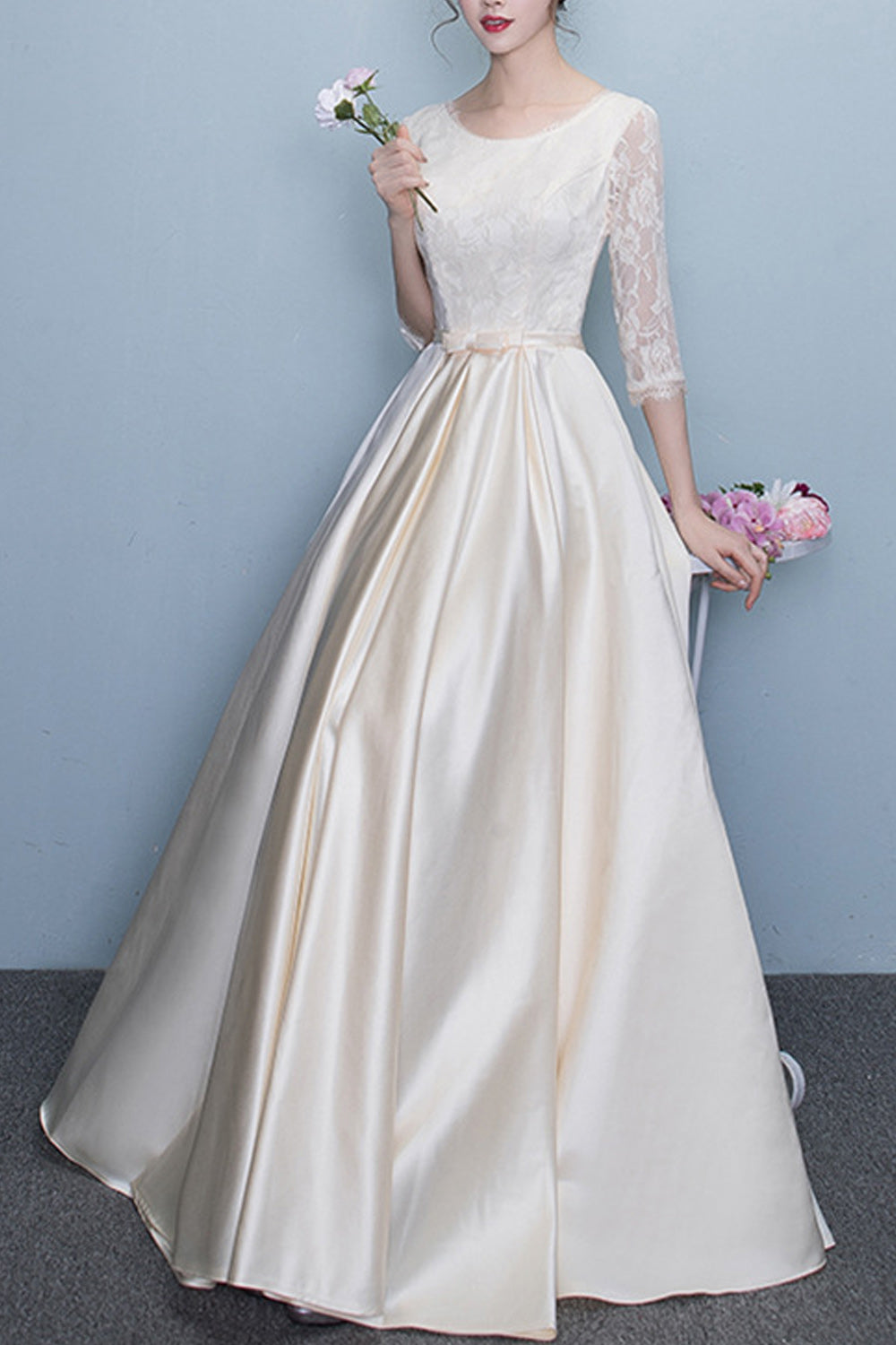 Women Half Sleeve Long Pleated Skirt Solid Colored Evening Party Dress