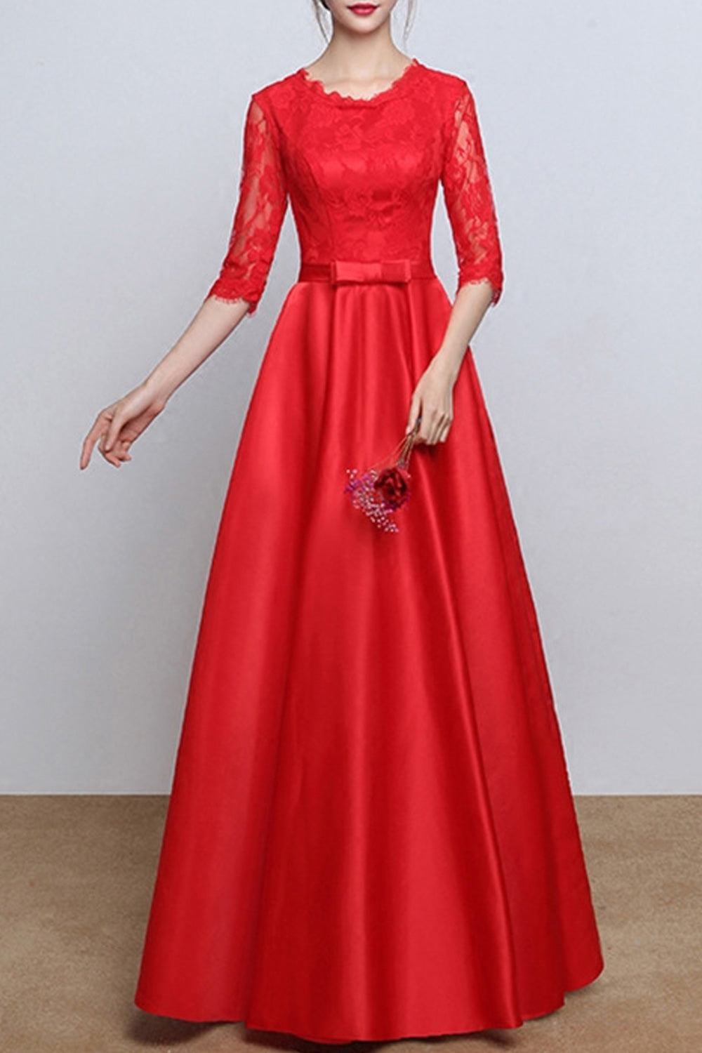 Women Half Sleeve Long Pleated Skirt Solid Colored Evening Party Dress