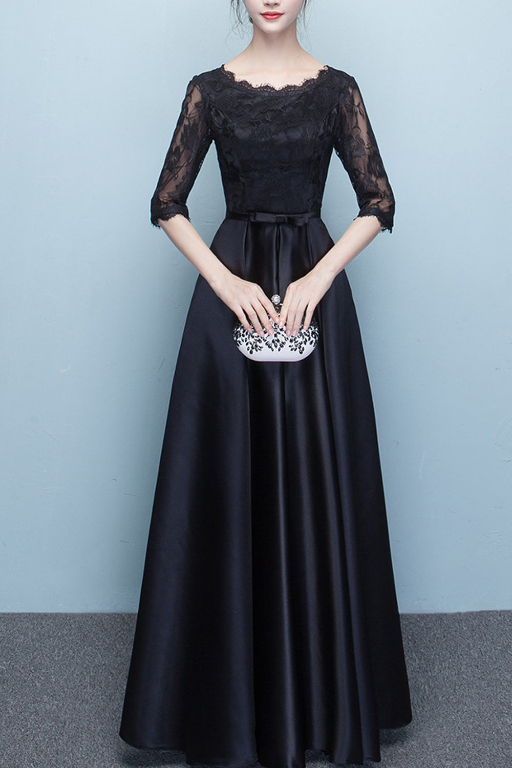 Women Half Sleeve Long Pleated Skirt Solid Colored Evening Party Dress