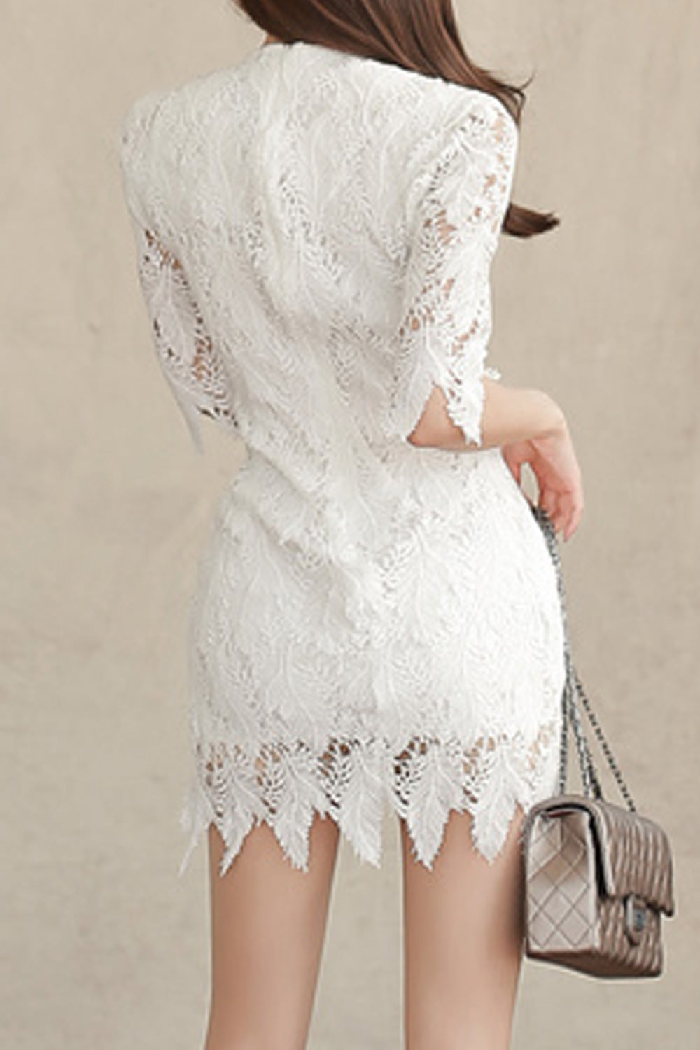 Women Elbow Sleeve Trendy Lace Pattern Short Length Breathable Party Dress