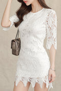 Women Elbow Sleeve Trendy Lace Pattern Short Length Breathable Party Dress