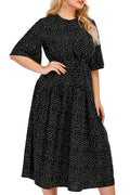 Women Plus Lovely Polka Dotted Elbow Sleeve Round Neck Summer Mid Length Cute Dress