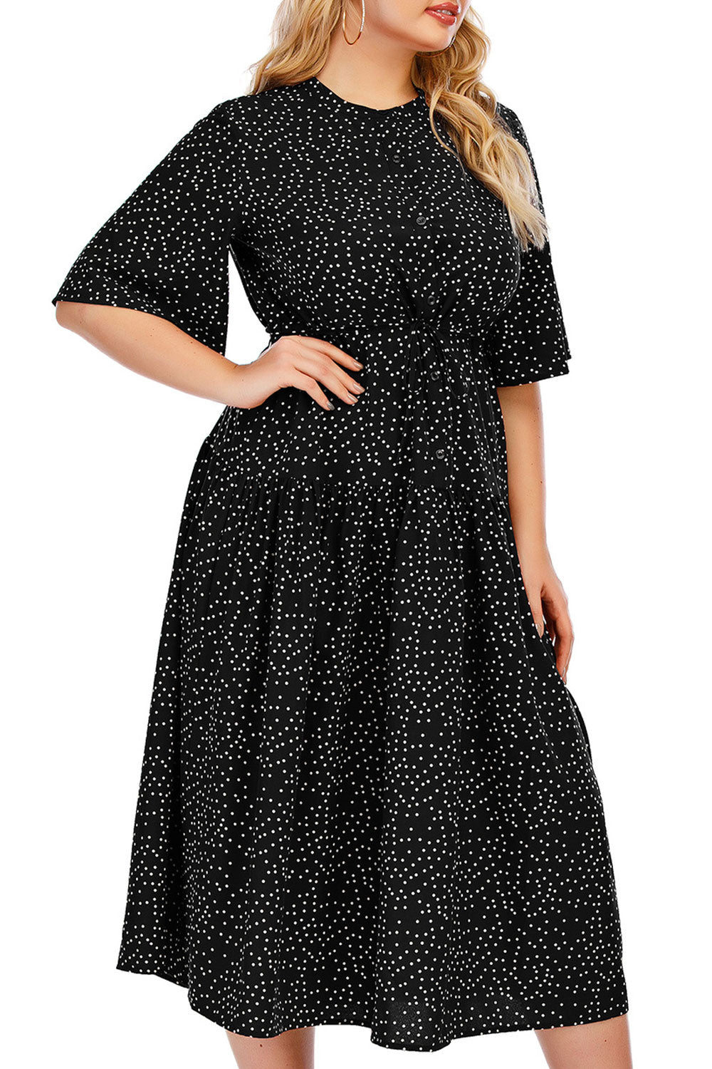 Women Plus Lovely Polka Dotted Elbow Sleeve Round Neck Summer Mid Length Cute Dress